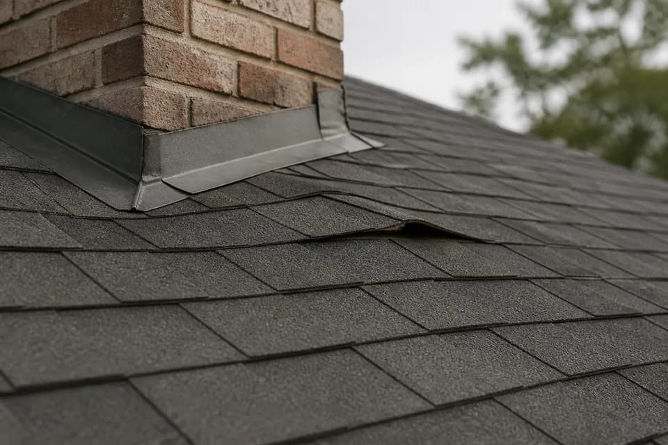 Example photo of lifted shingles near chimney flashing