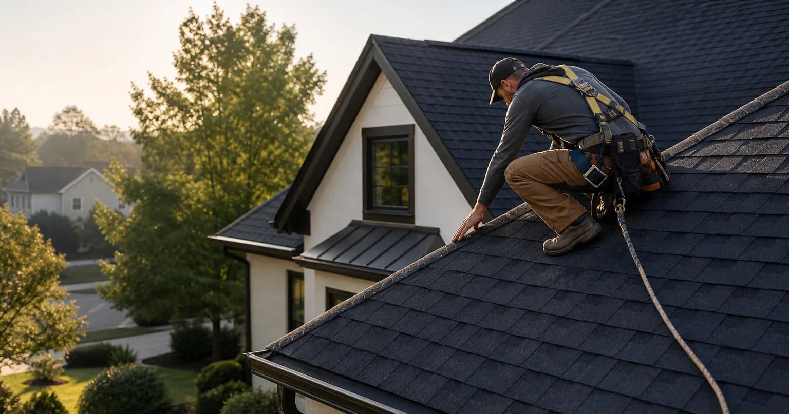 Roofer safely inspecting asphalt shingles on a residential home