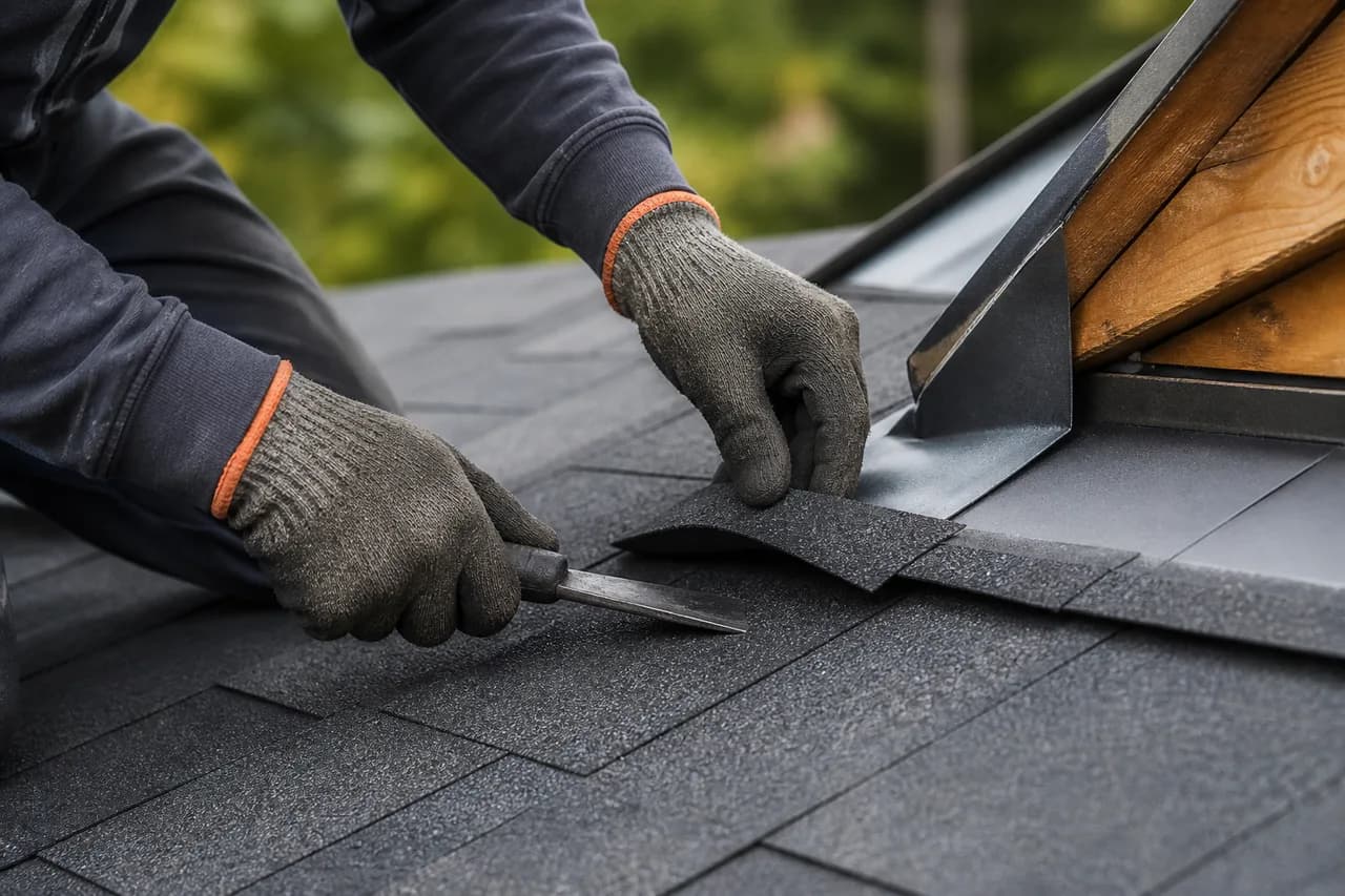 Close-up of careful shingle and flashing repair work